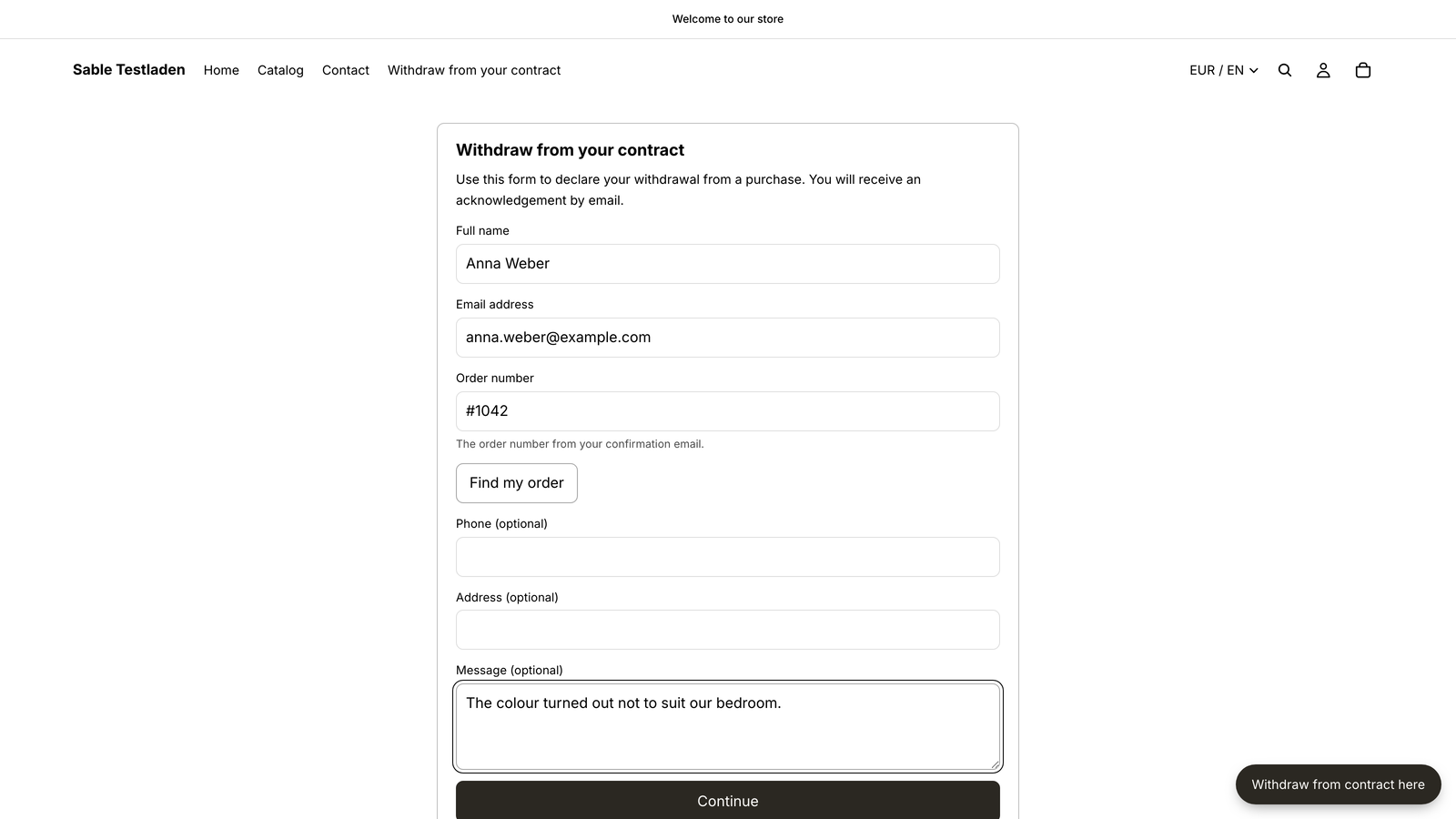 A Shopify storefront with a withdrawal form linked from the store navigation, filled in by a shopper