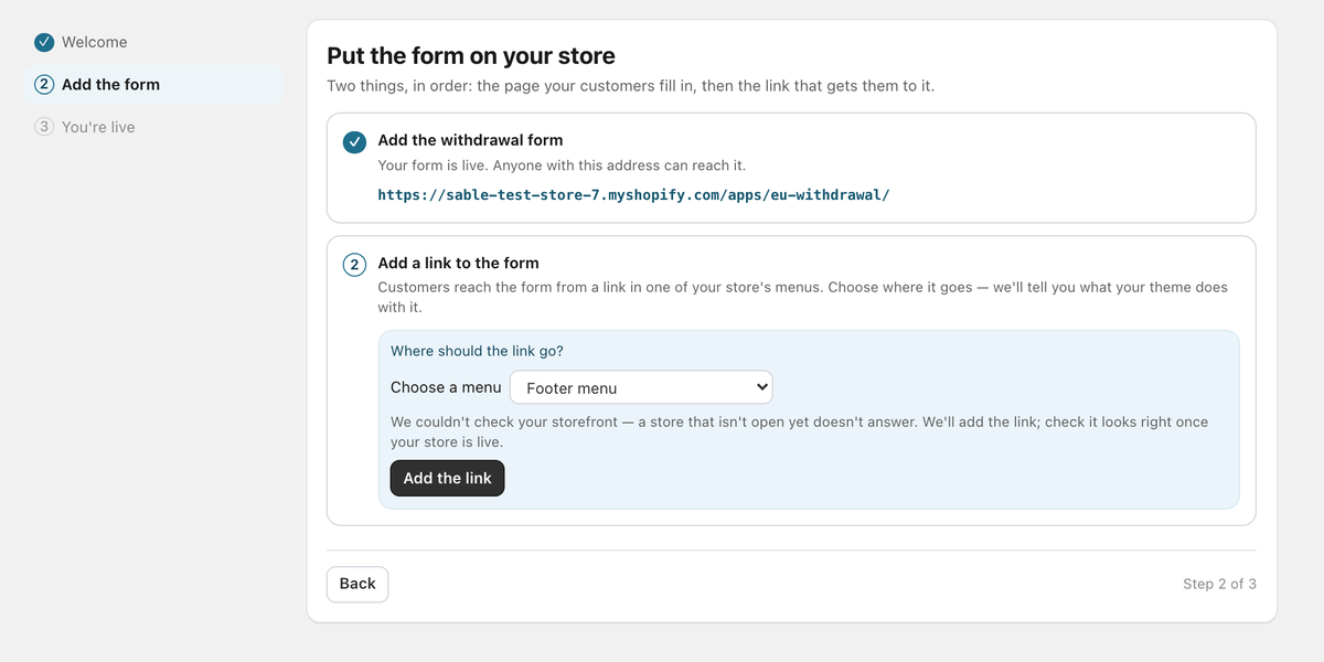 The Remissa onboarding step that adds the withdrawal form page and the navigation link to it