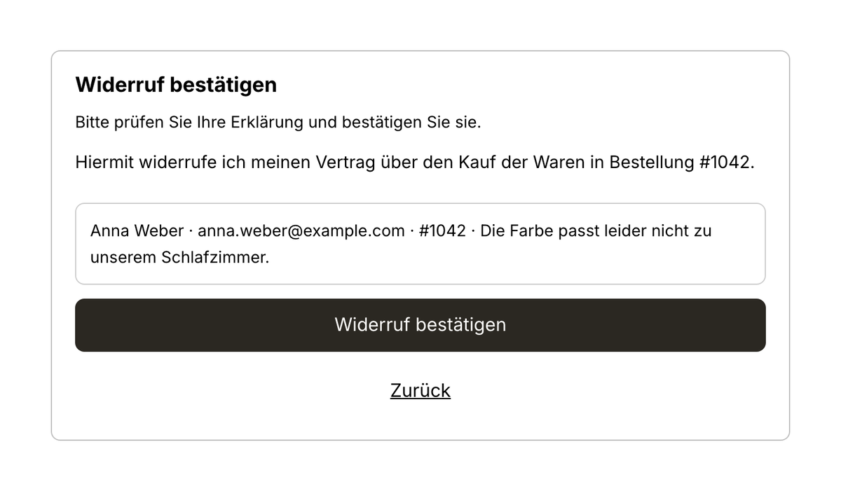 The withdrawal confirmation step in German, showing the official reserved label Widerruf bestätigen